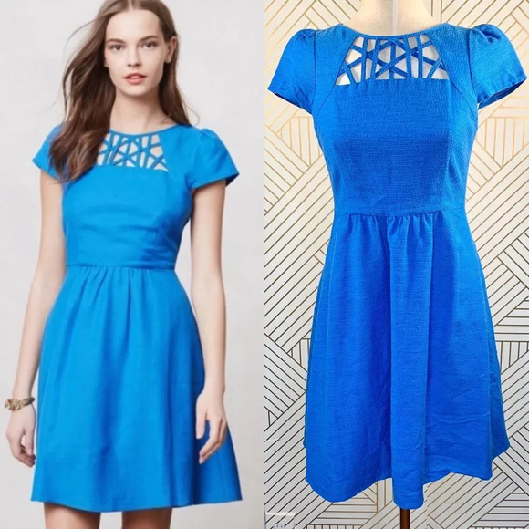 Anthropologie Dresses & Skirts - Anthropologie Maeve Aria Dress Fit & Flare Short Sleeve Cut Out Neck Blue Size 0